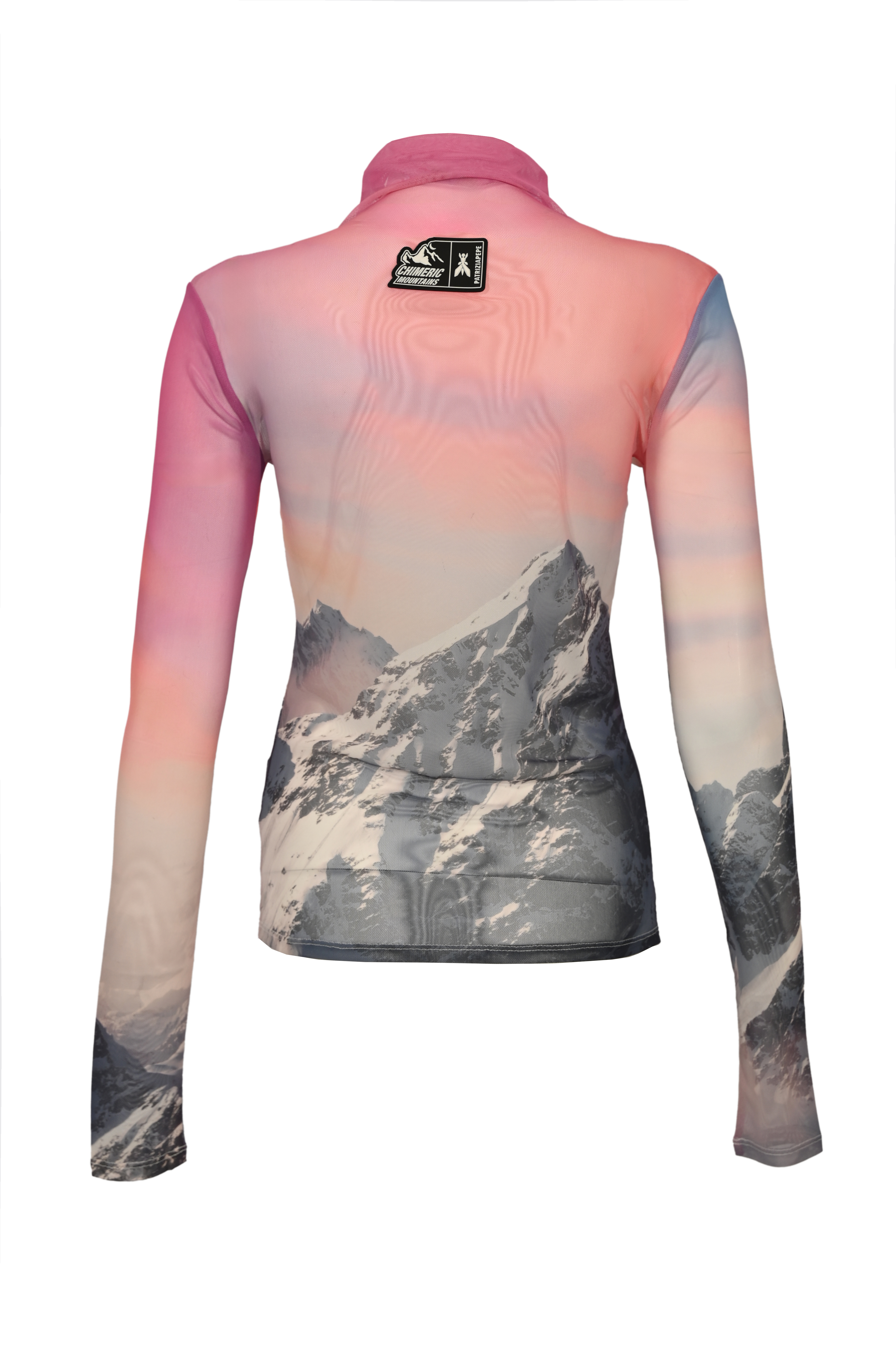 Maglia in tulle elastico con stampa montagne