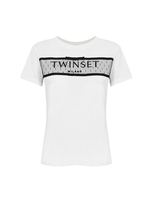 T-shirt in cotone con ricamo logo e tulle TWINSET | 242TT229000001