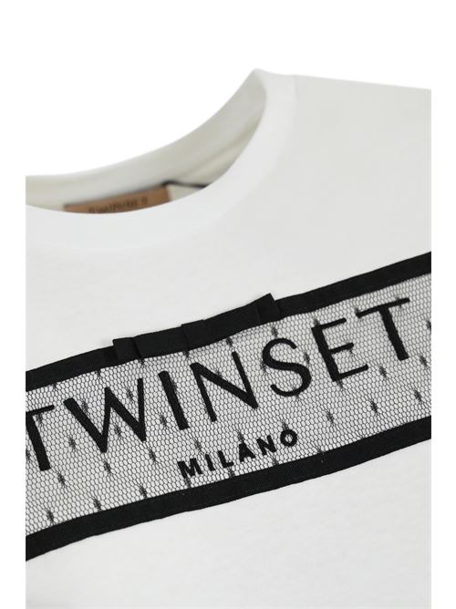 T-shirt in cotone con ricamo logo e tulle TWINSET | 242TT229000001