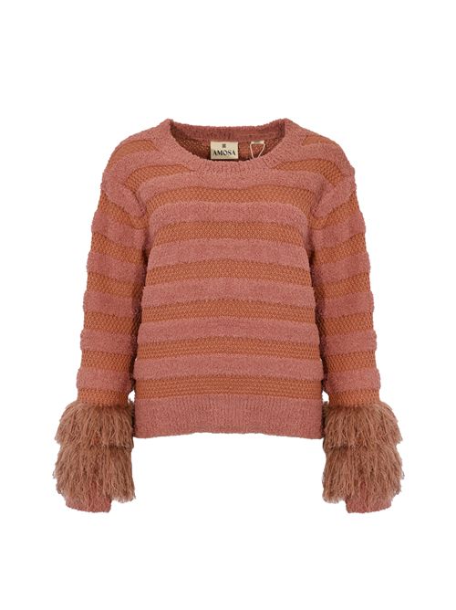 Maglia a righe in misto cotone con frange AMOSA | A25FWMA44NUDE