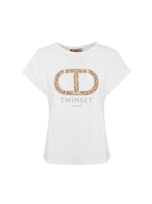 T-shirt bianca in cotone con logo animalier TWINSET | 241TT214200001