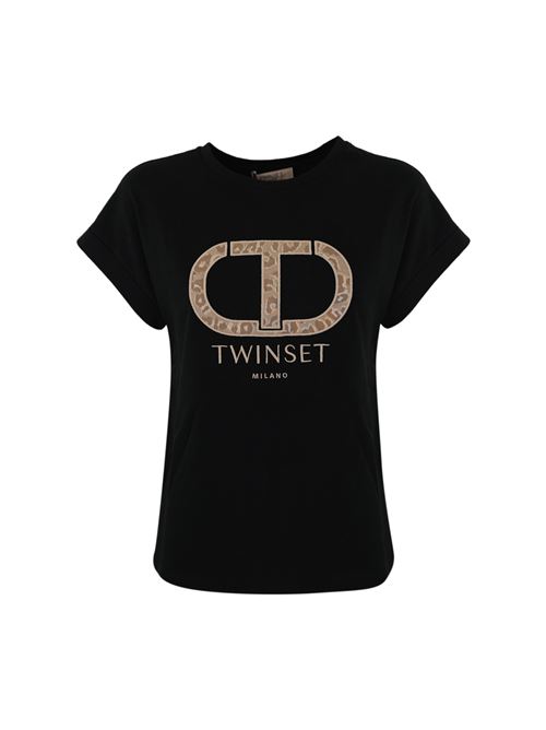 T-shirt nera in cotone con logo animalier TWINSET | 241TT214200006