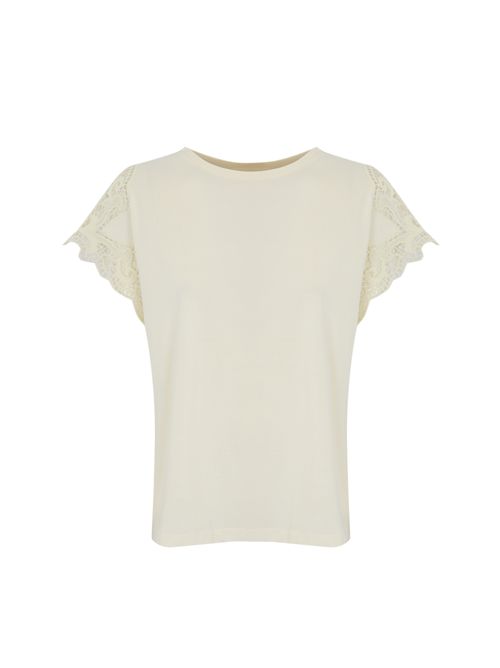T-shirt in cotone con maniche in pizzo Bianco TWINSET | 251TP229000001