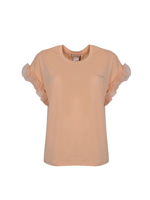 T-shirt in jersey di cotone con maniche in tulle Peach pink TWINSET | 261TP204A11750