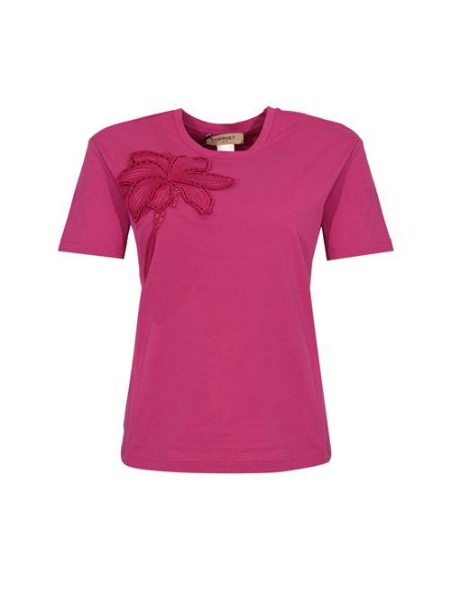 T-shirt in jersey di cotone con ricamo floreale Fucsia TWINSET | 261TP208007183