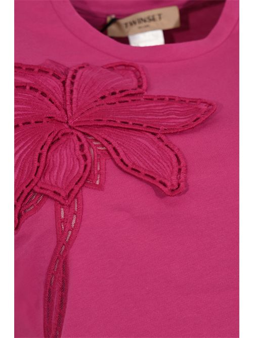 T-shirt in jersey di cotone con ricamo floreale Fucsia TWINSET | 261TP208007183