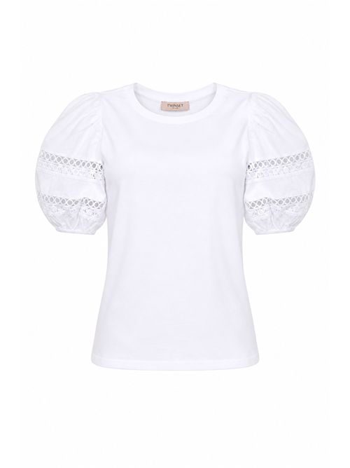 T-shirt in cotone con ricamo in pizzo Bianco TWINSET | 261TT226000001