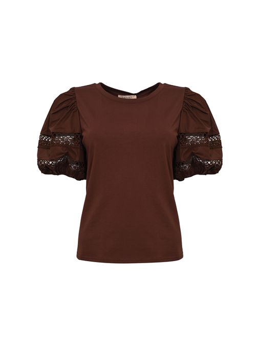 T-shirt in cotone con ricamo in pizzo Coffee TWINSET | 261TT226012110