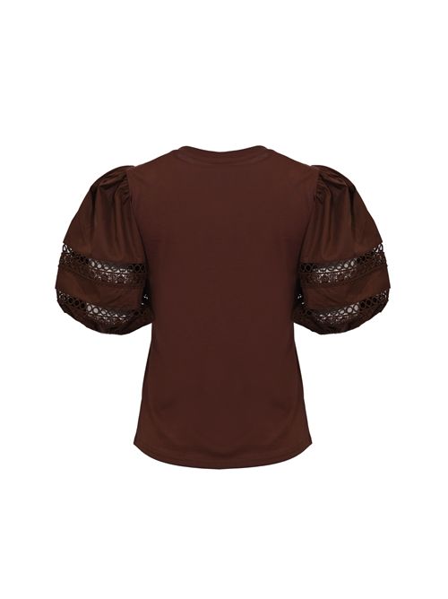 T-shirt in cotone con ricamo in pizzo Coffee TWINSET | 261TT226012110